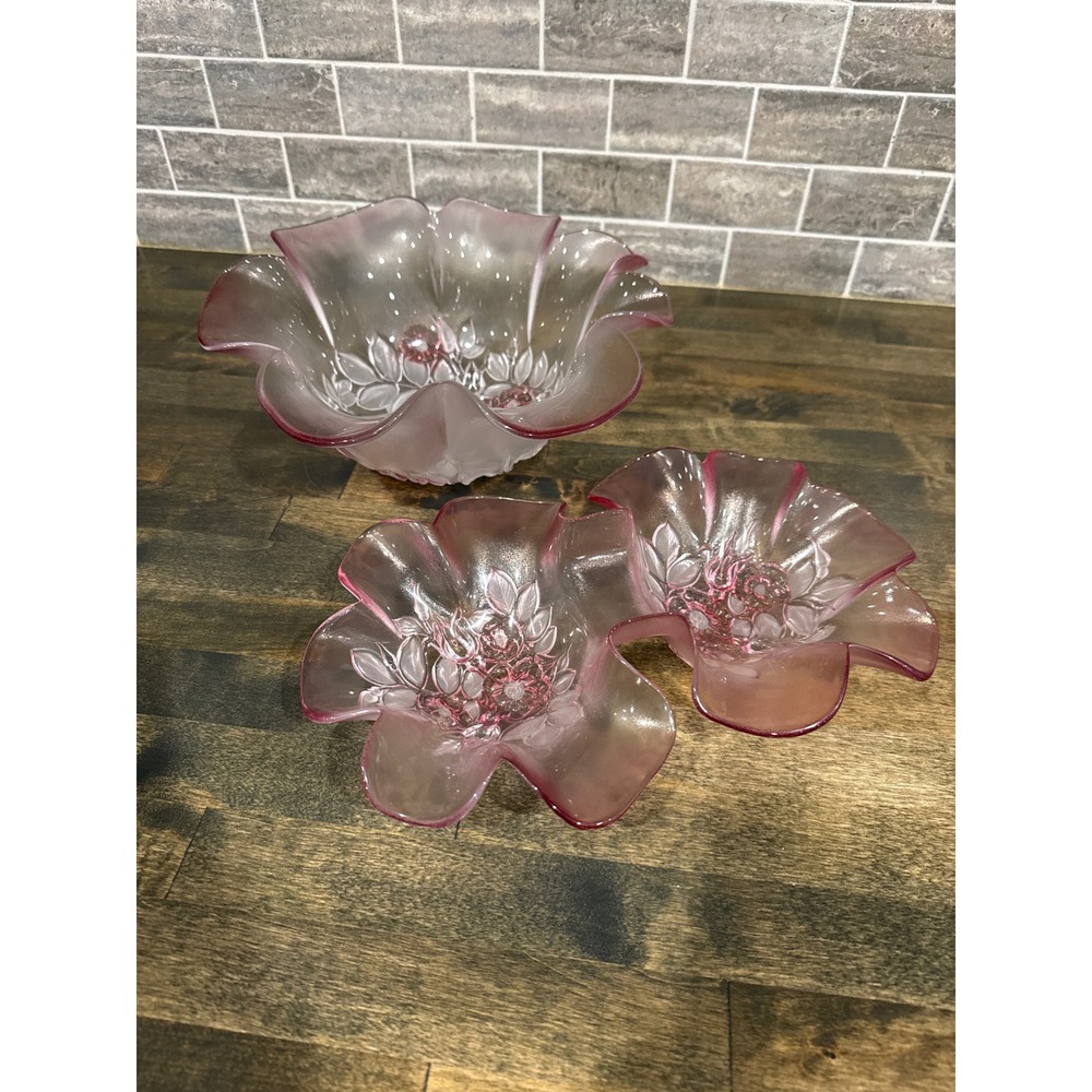Vintage Mikasa Rosella Frosted Pink Glass Bowl and Divided Serving Dish Set